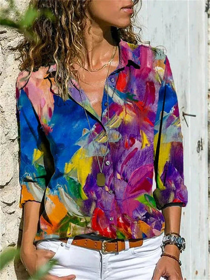 Women’s Blouse – Relaxed Fit – Button-Down – Rolled Sleeve – Cotton Blend – Pattern Print