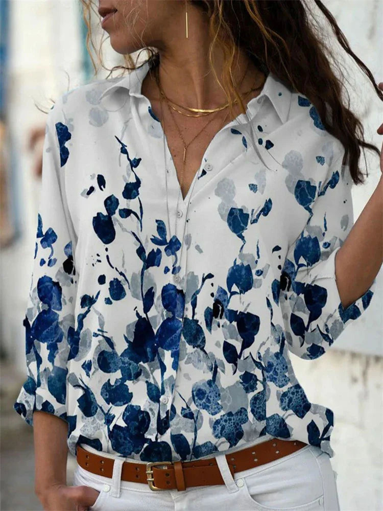 Women’s Blouse – Relaxed Fit – Button-Down – Rolled Sleeve – Cotton Blend – Pattern Print