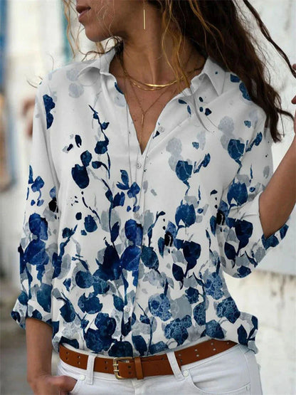 Women’s Blouse – Relaxed Fit – Button-Down – Rolled Sleeve – Cotton Blend – Pattern Print