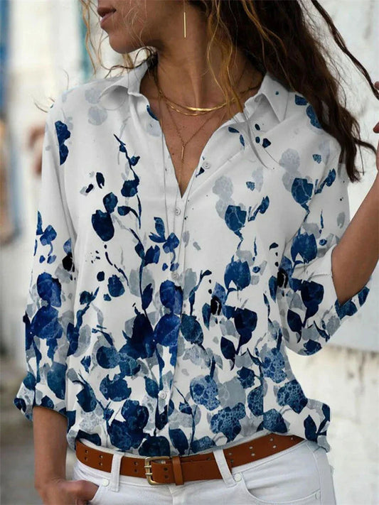 Women’s Blouse – Relaxed Fit – Button-Down – Rolled Sleeve – Cotton Blend – Pattern Print