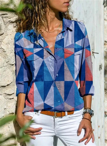 Women’s Blouse – Relaxed Fit – Button-Down – Rolled Sleeve – Cotton Blend – Pattern Print