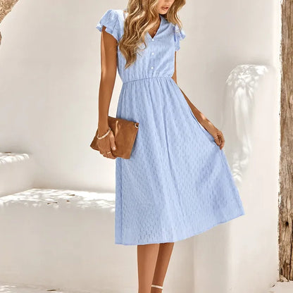 Women's Midi Dress - V-Neck - Puff Short Sleeves - Cinched Waist - Flowing A-Line Fit