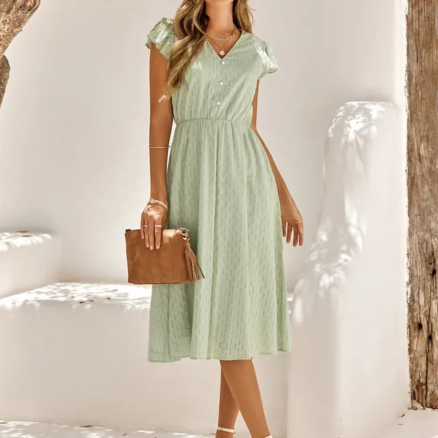 Women's Midi Dress - V-Neck - Puff Short Sleeves - Cinched Waist - Flowing A-Line Fit