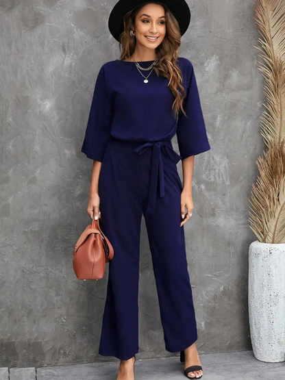 Women’s Jumpsuit – Relaxed Fit – Belted Waist – 3/4 Sleeve – Full Length