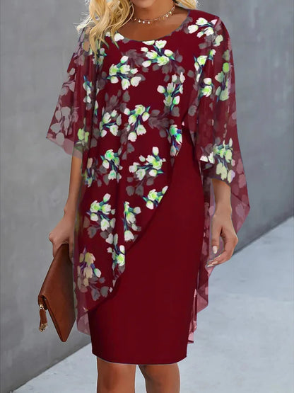 Women’s Midi Dress – Relaxed Fit – Floral Print – Asymmetrical Overlay – Flowy Draped