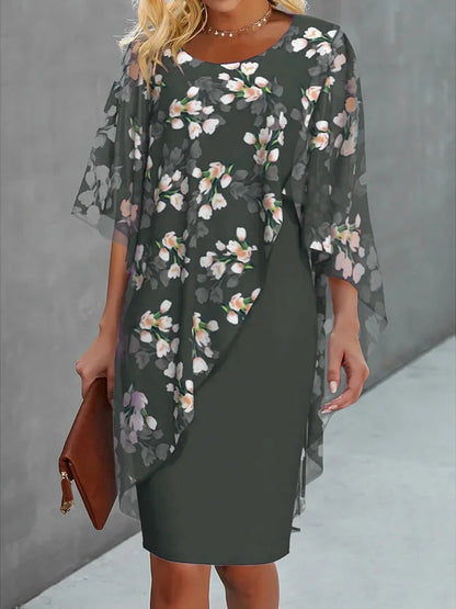 Women’s Midi Dress – Relaxed Fit – Floral Print – Asymmetrical Overlay – Flowy Draped