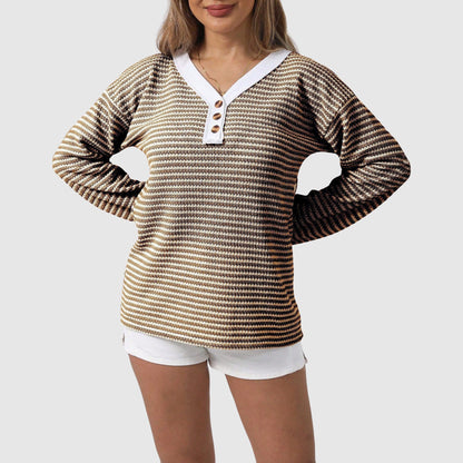 Elisa Relaxed Fit Tunic-Length Sweater | Striped V-Neck Sweater