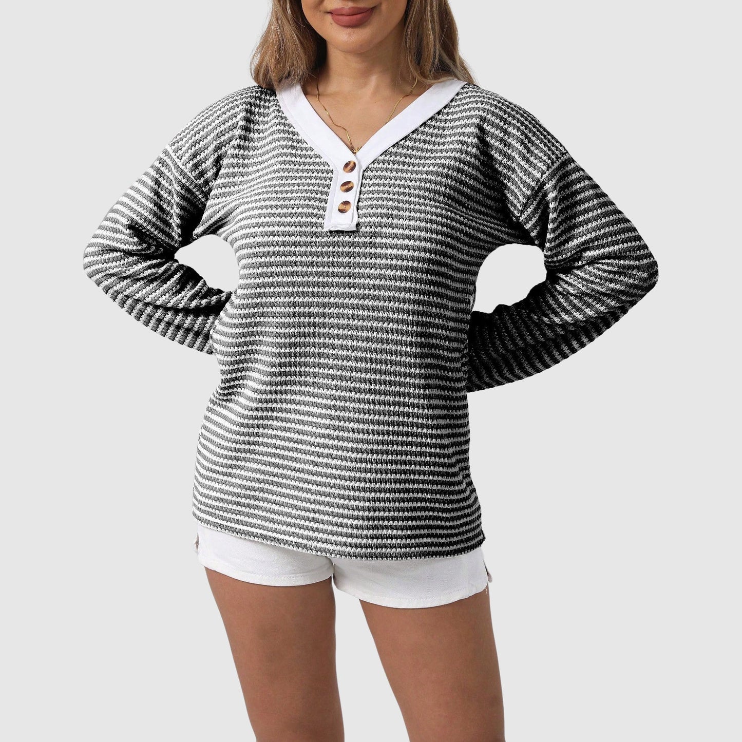 Elisa Relaxed Fit Tunic-Length Sweater | Striped V-Neck Sweater