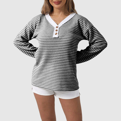 Elisa Relaxed Fit Tunic-Length Sweater | Striped V-Neck Sweater