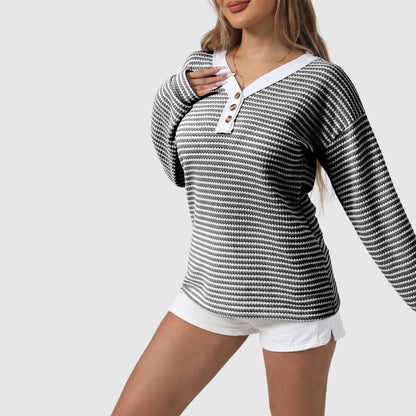 Elisa Relaxed Fit Tunic-Length Sweater | Striped V-Neck Sweater