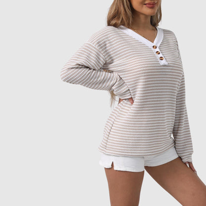 Elisa Relaxed Fit Tunic-Length Sweater | Striped V-Neck Sweater