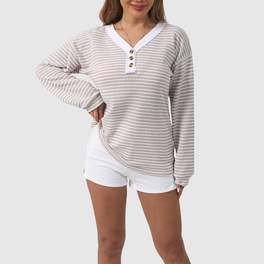 Elisa Relaxed Fit Tunic-Length Sweater | Striped V-Neck Sweater