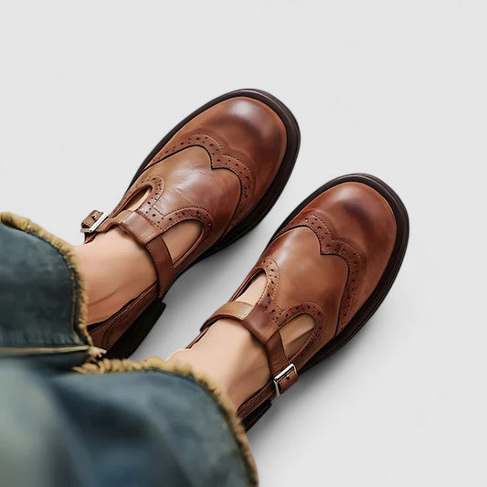 Isla Regular Fit T-Strap Shoes | Brogue Detailing Rounded Toe Shoes