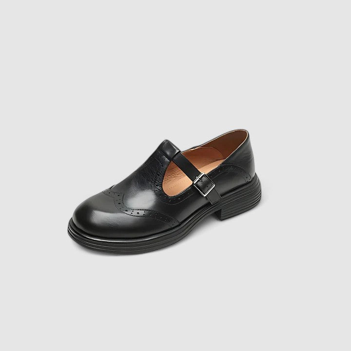 Isla Regular Fit T-Strap Shoes | Brogue Detailing Rounded Toe Shoes