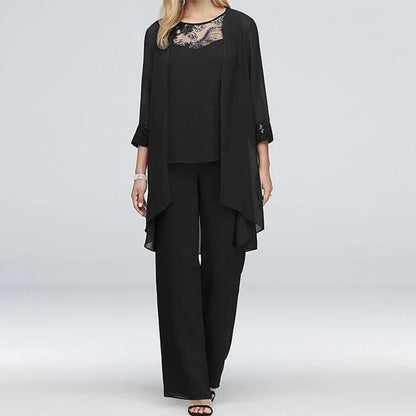 Women’s Three-Piece Set – Lace Top – Draped Jacket – Wide-Leg Pants