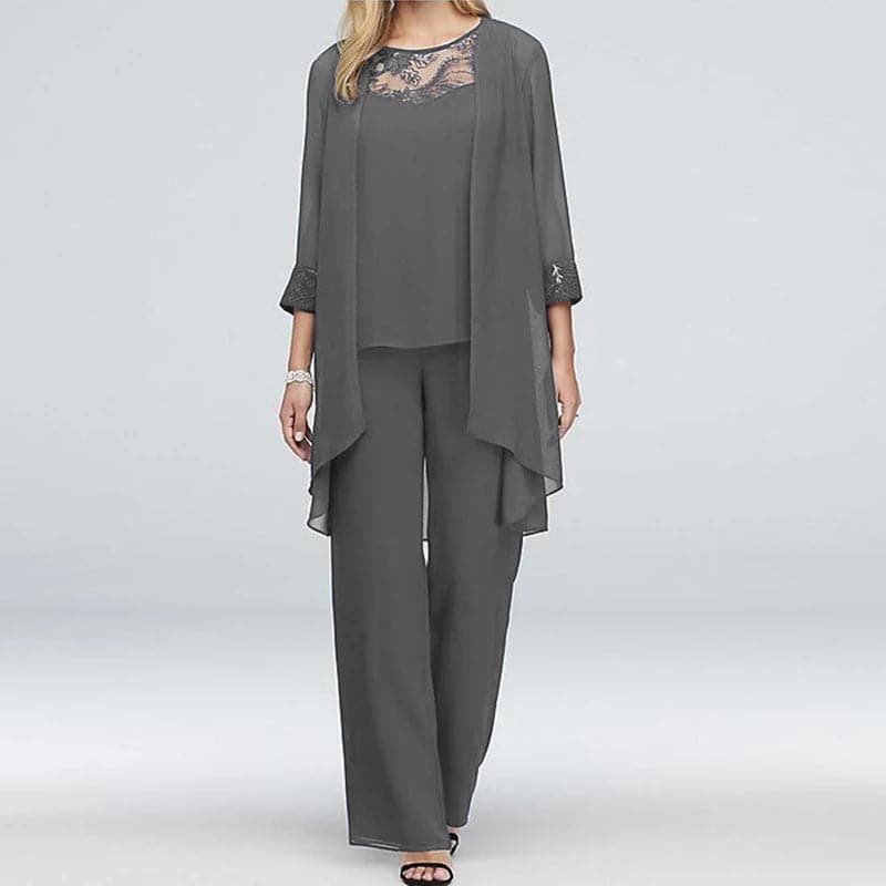 Women’s Three-Piece Set – Lace Top – Draped Jacket – Wide-Leg Pants