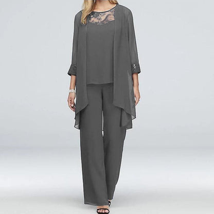 Women’s Three-Piece Set – Lace Top – Draped Jacket – Wide-Leg Pants
