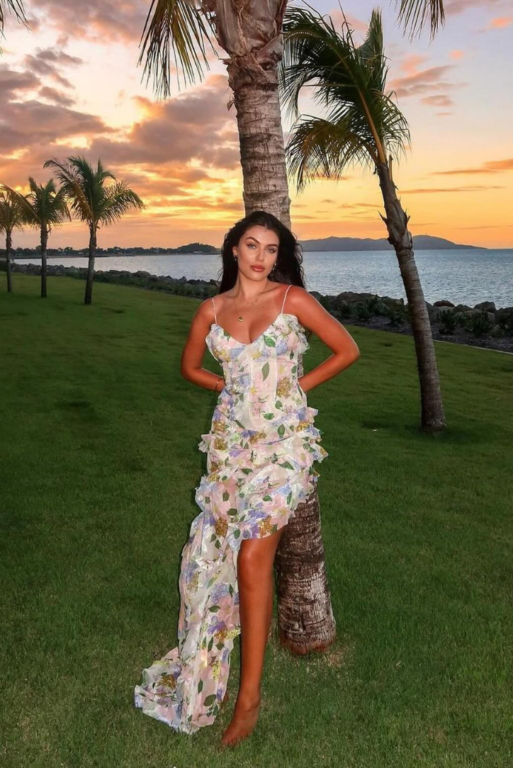 Women’s Maxi Dress – V-Neck – Ruffled Layers – Floral Print – Sheer Flowy Chiffon