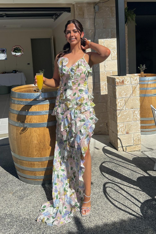 Women’s Maxi Dress – V-Neck – Ruffled Layers – Floral Print – Sheer Flowy Chiffon