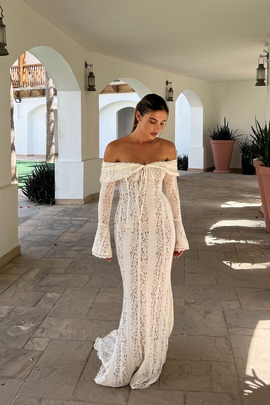 Women’s Maxi Dress – Lace Fabric – Fitted Silhouette – Off Shoulder – Long Sleeve