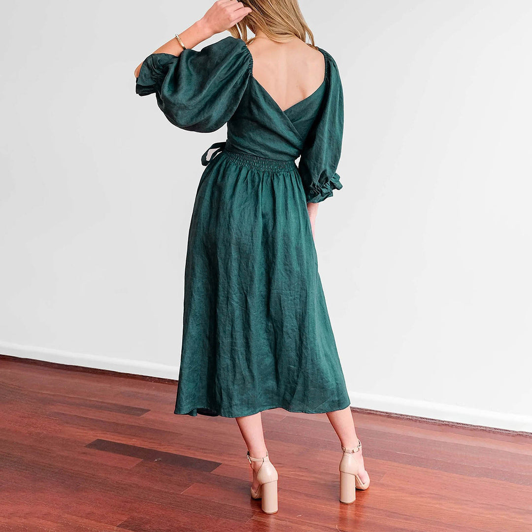 Women's Midi Dress - Square Neck - Puff Sleeves - Smocked Back - Flowy Lightweight Fabric