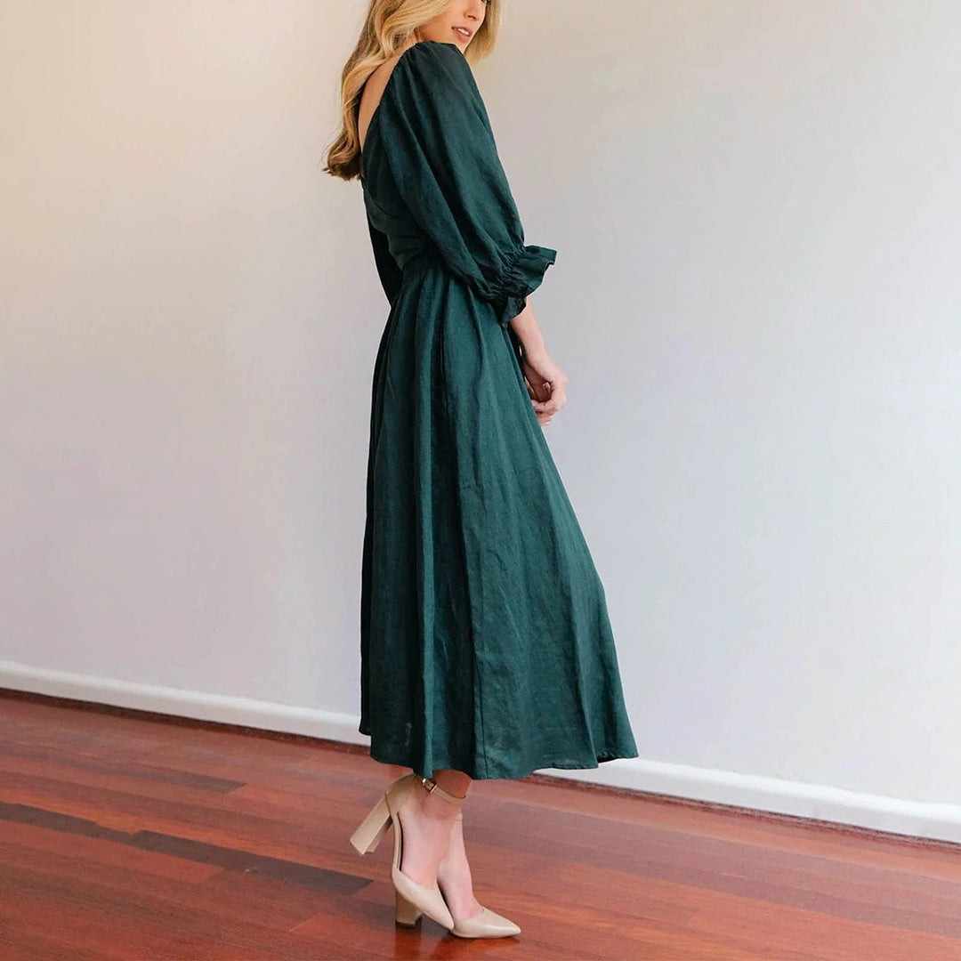 Women's Midi Dress - Square Neck - Puff Sleeves - Smocked Back - Flowy Lightweight Fabric