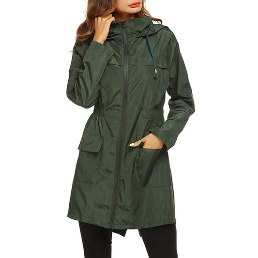 Women’s Raincoat – Water-Resistant – Cinched Waist – Hooded – Lightweight Packable