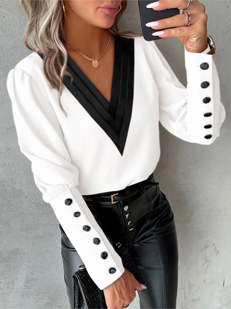Women’s Blouse – Tailored Fit – V-Neck with Layered Detail – Puff Sleeve with Button Cuff