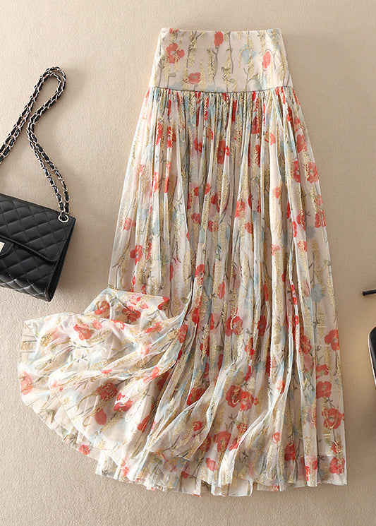 Women’s Tulle Skirt – Fitted Waist – Floral Print – Full Length – Flowy Silhouette