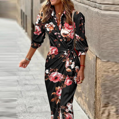 Women’s Dress - Lightweight Woven Fabric - Shirt Collar - Wrap Front - Midi Length