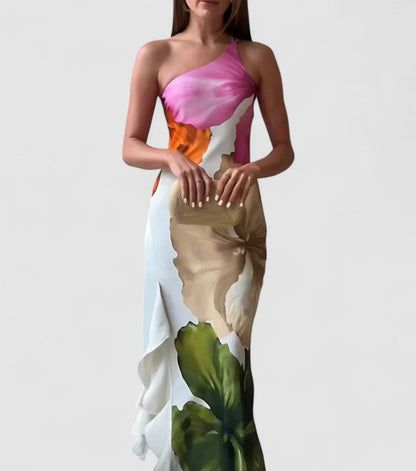 Women’s Evening Dress – Fitted Silhouette – Asymmetric Neckline – Luxury Fabric Draped