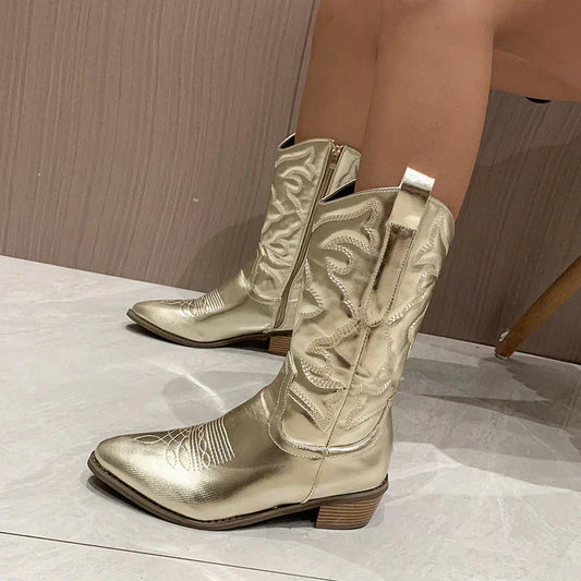 Women’s Cowboy Boots – Mid Calf Fit – Decorative Stitching – Side Zipper – Low Heel
