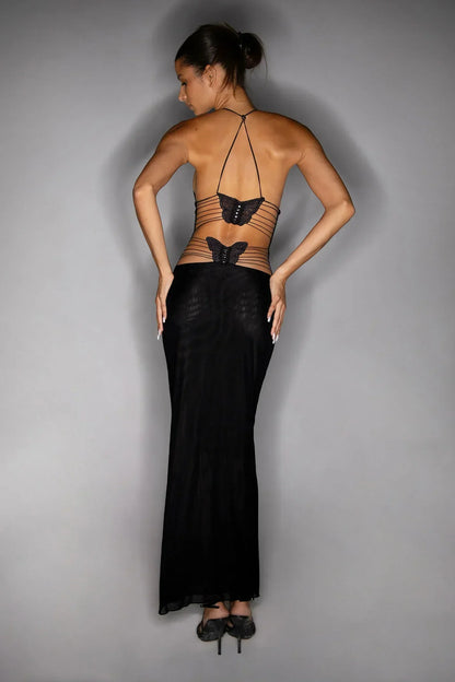 Women’s Full-Length Dress – Slim Fit – Sheer Fabric – Open Back – Butterfly Detail