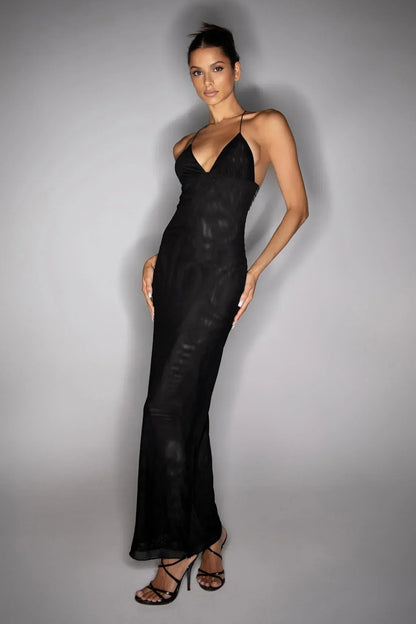 Women’s Full-Length Dress – Slim Fit – Sheer Fabric – Open Back – Butterfly Detail