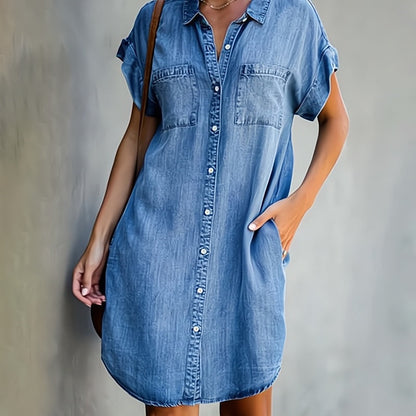 Women’s Shirt Dress – Relaxed Fit – Button-Down Front – Natural Fibers – Knee Length