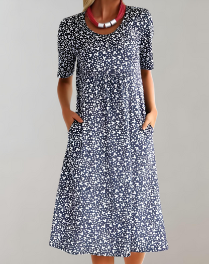 Women's Midi Dress - A-Line Fit - Round Neck - Short Sleeve - Lightweight Casual Wear