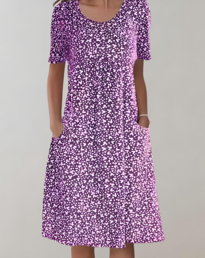 Women's Midi Dress - A-Line Fit - Round Neck - Short Sleeve - Lightweight Casual Wear