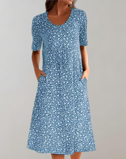 Women's Midi Dress - A-Line Fit - Round Neck - Short Sleeve - Lightweight Casual Wear