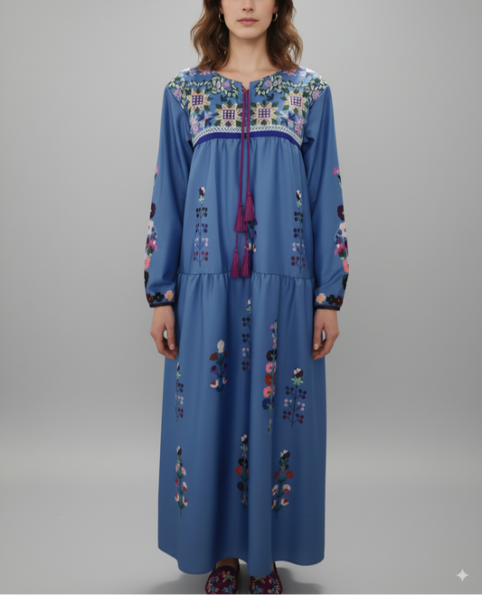 Women's Bohemian Maxi Dress - Embroidered Flowing Fit - V-Neck with Tassel Tie - Long Sleeve