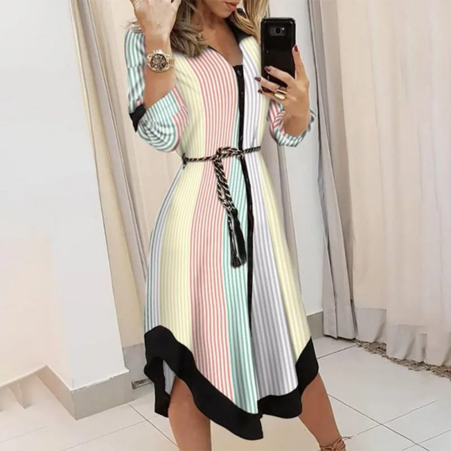 Women's Wrap Midi Dress - V-Neck Long Sleeve - Tie Waist Elegant Fit