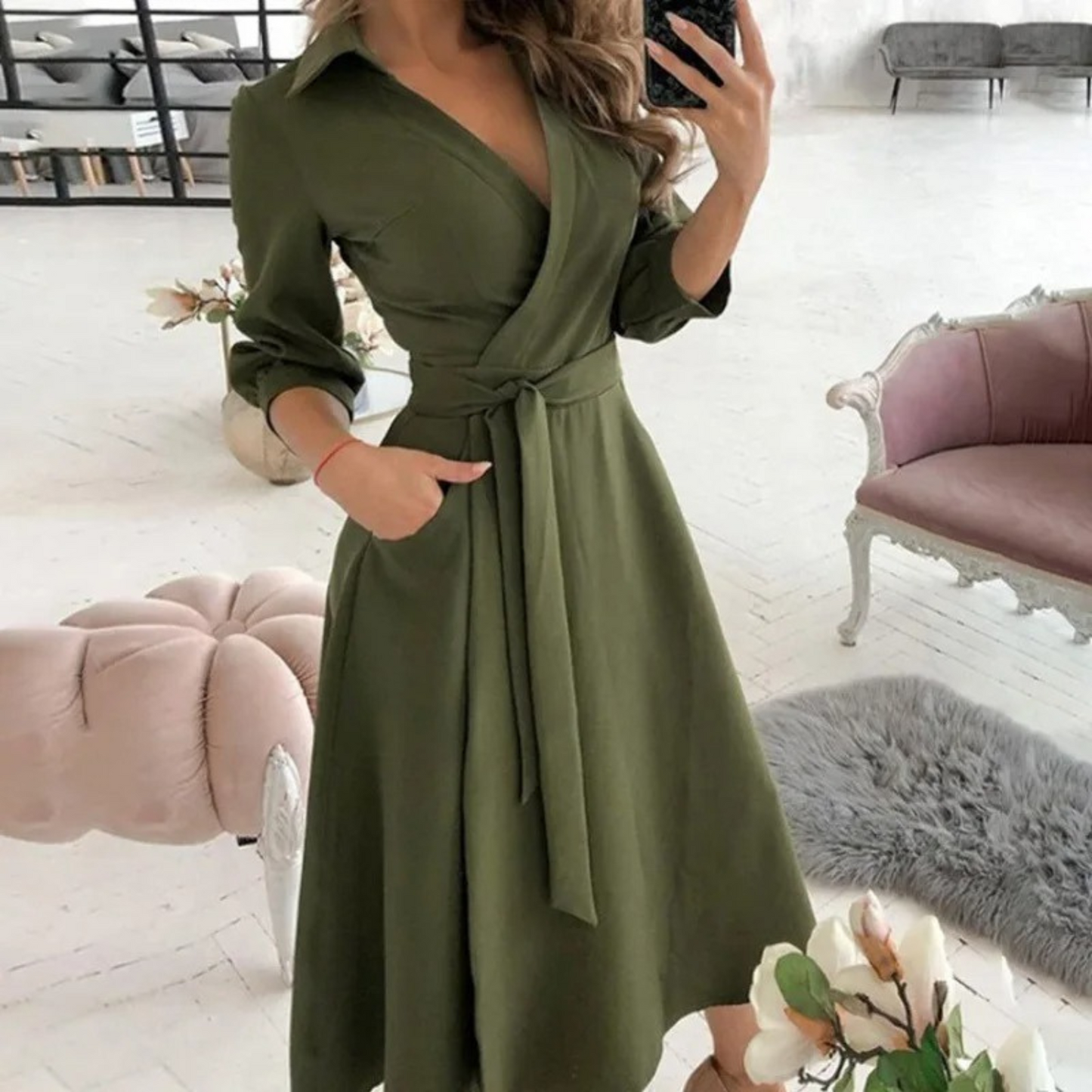Women's Wrap Midi Dress - V-Neck Long Sleeve - Tie Waist Elegant Fit