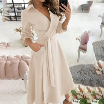 Women's Wrap Midi Dress - V-Neck Long Sleeve - Tie Waist Elegant Fit