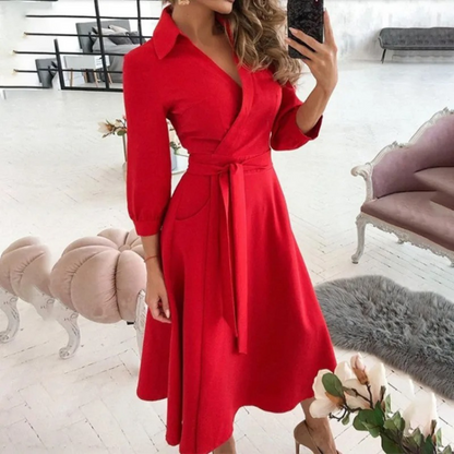 Women's Wrap Midi Dress - V-Neck Long Sleeve - Tie Waist Elegant Fit