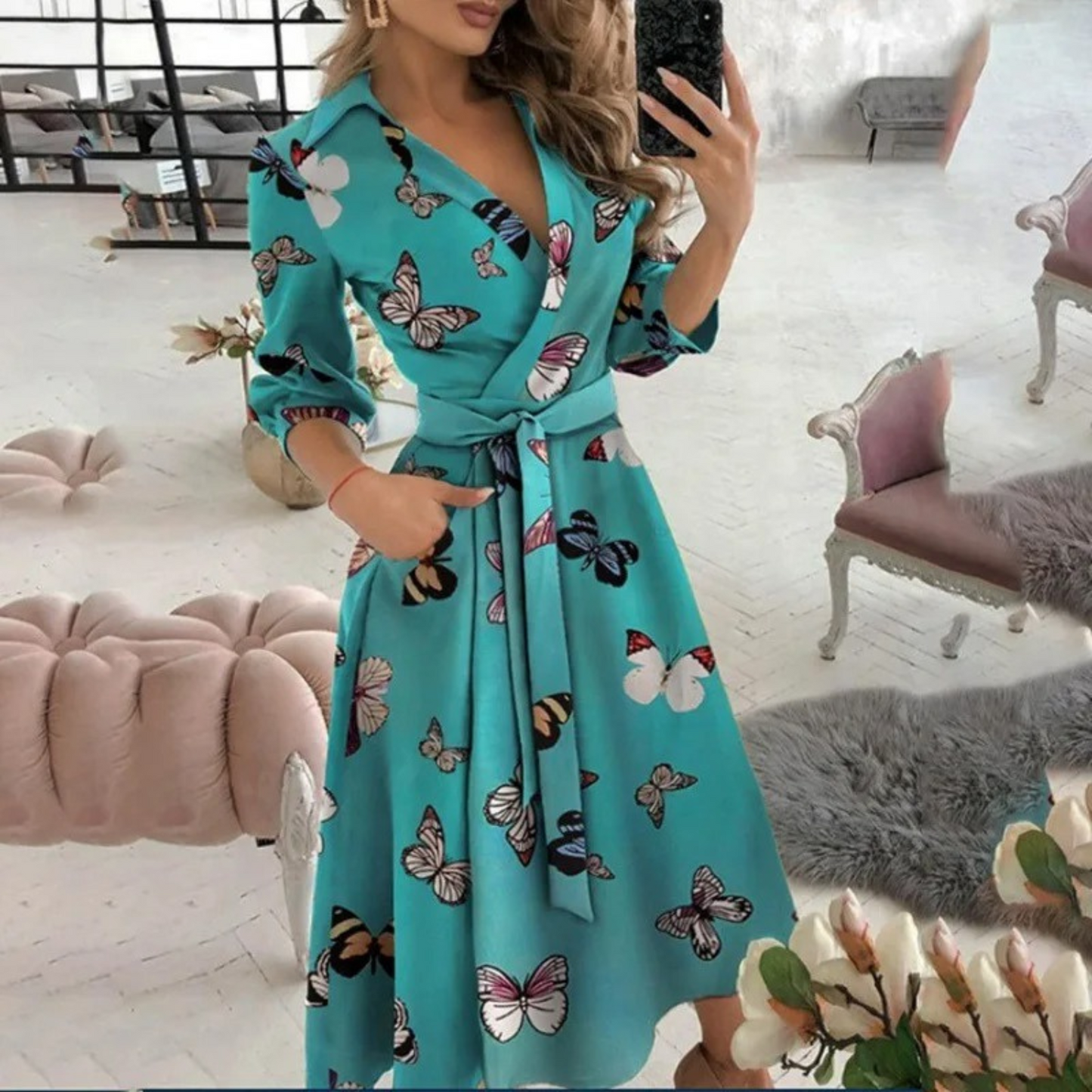 Women's Wrap Midi Dress - V-Neck Long Sleeve - Tie Waist Elegant Fit