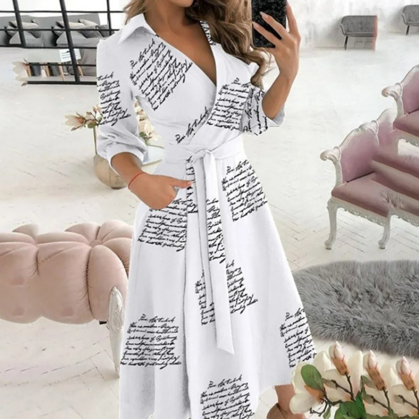 Women's Wrap Midi Dress - V-Neck Long Sleeve - Tie Waist Elegant Fit