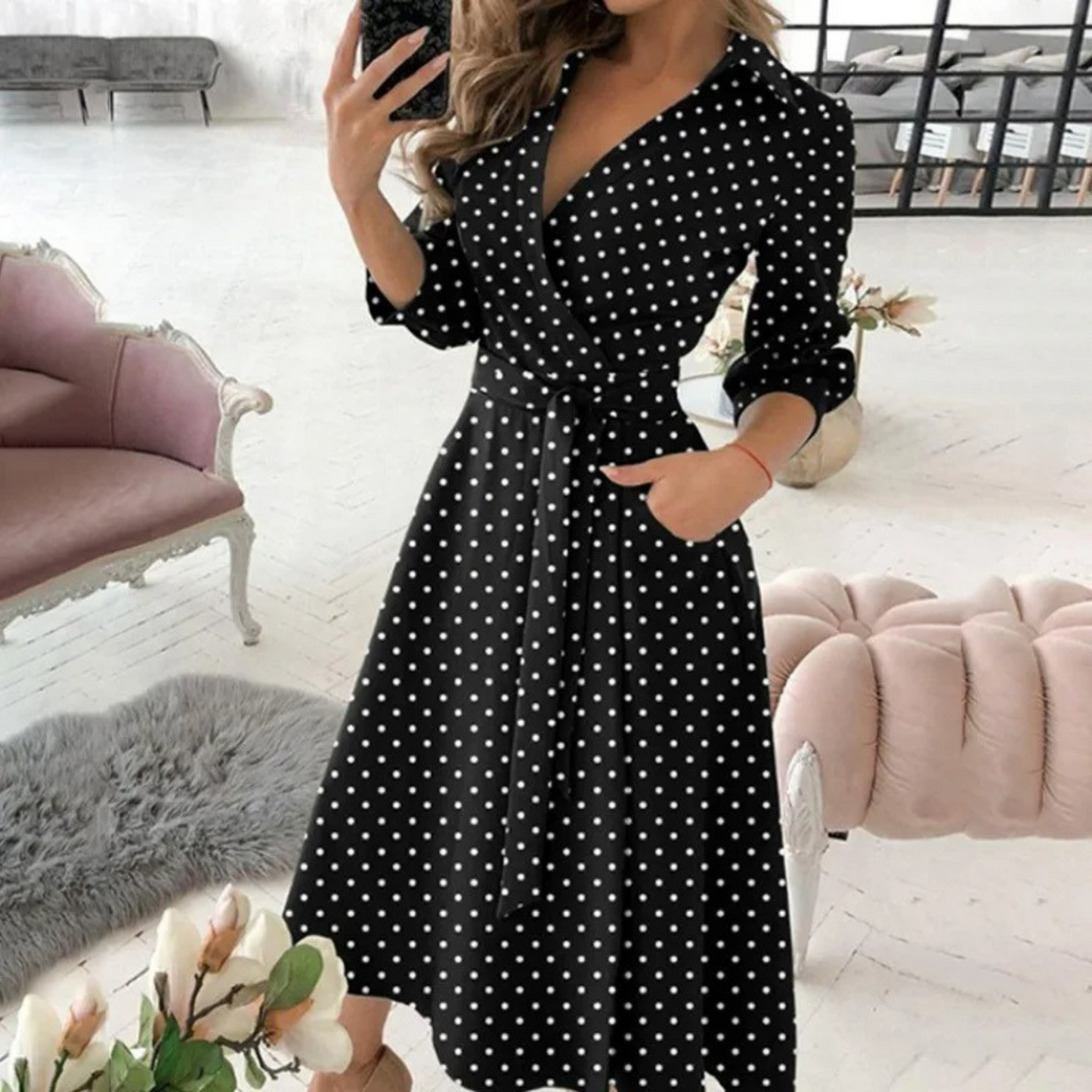 Women's Wrap Midi Dress - V-Neck Long Sleeve - Tie Waist Elegant Fit