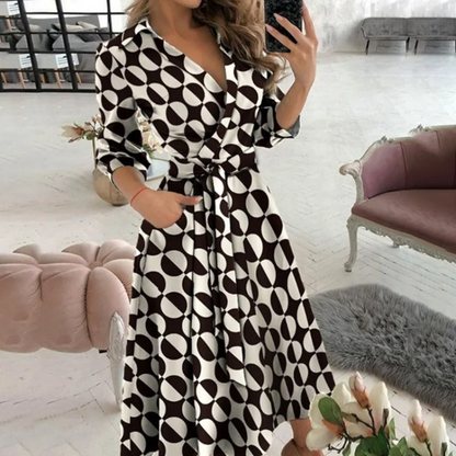 Women's Wrap Midi Dress - V-Neck Long Sleeve - Tie Waist Elegant Fit