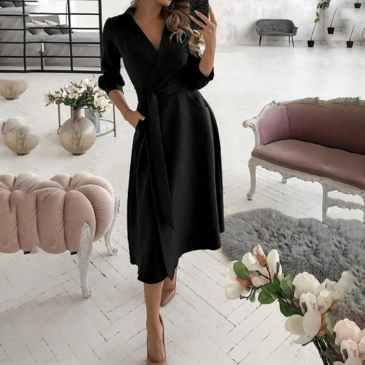 Women's Wrap Midi Dress - V-Neck Long Sleeve - Tie Waist Elegant Fit