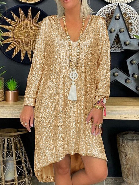 Women’s Party Dress – Sequin Embellished – Loose Fit – V-Neck – Long Sleeve – Midi Length