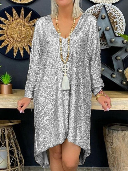 Women’s Party Dress – Sequin Embellished – Loose Fit – V-Neck – Long Sleeve – Midi Length